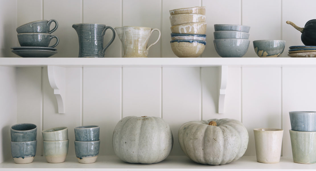 Aerende collection of ceramics on shelves