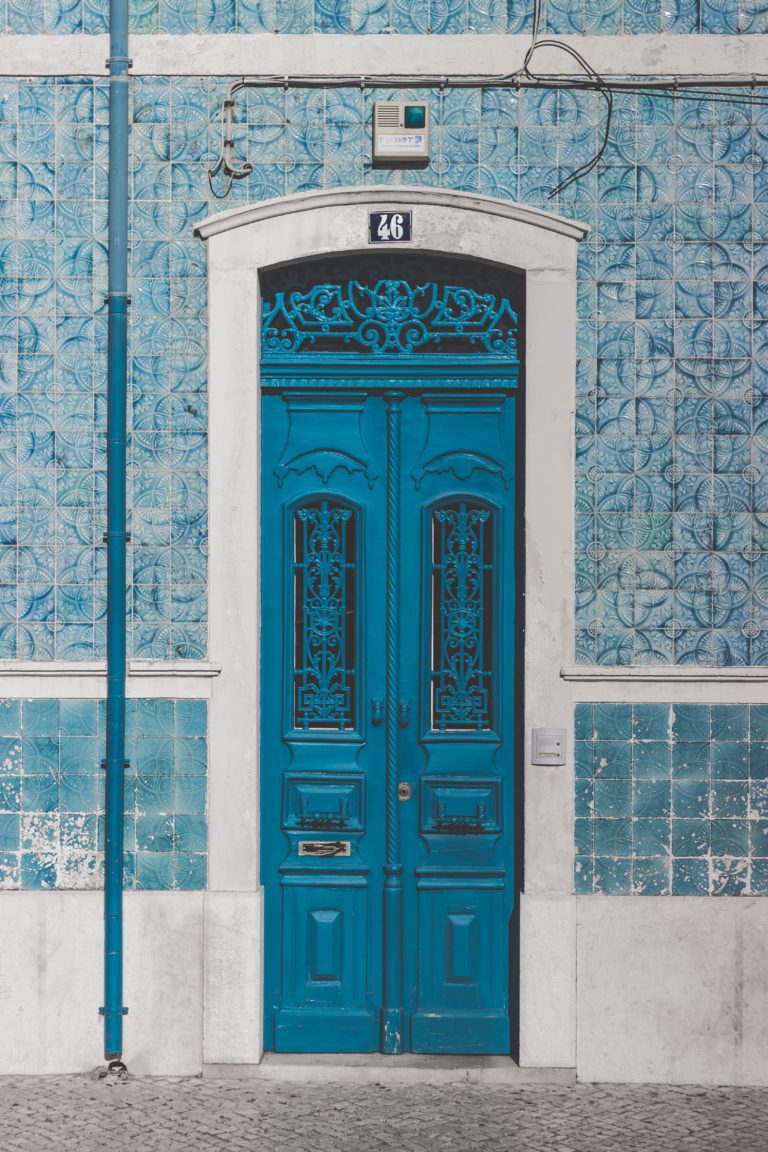 Tile house and blue door