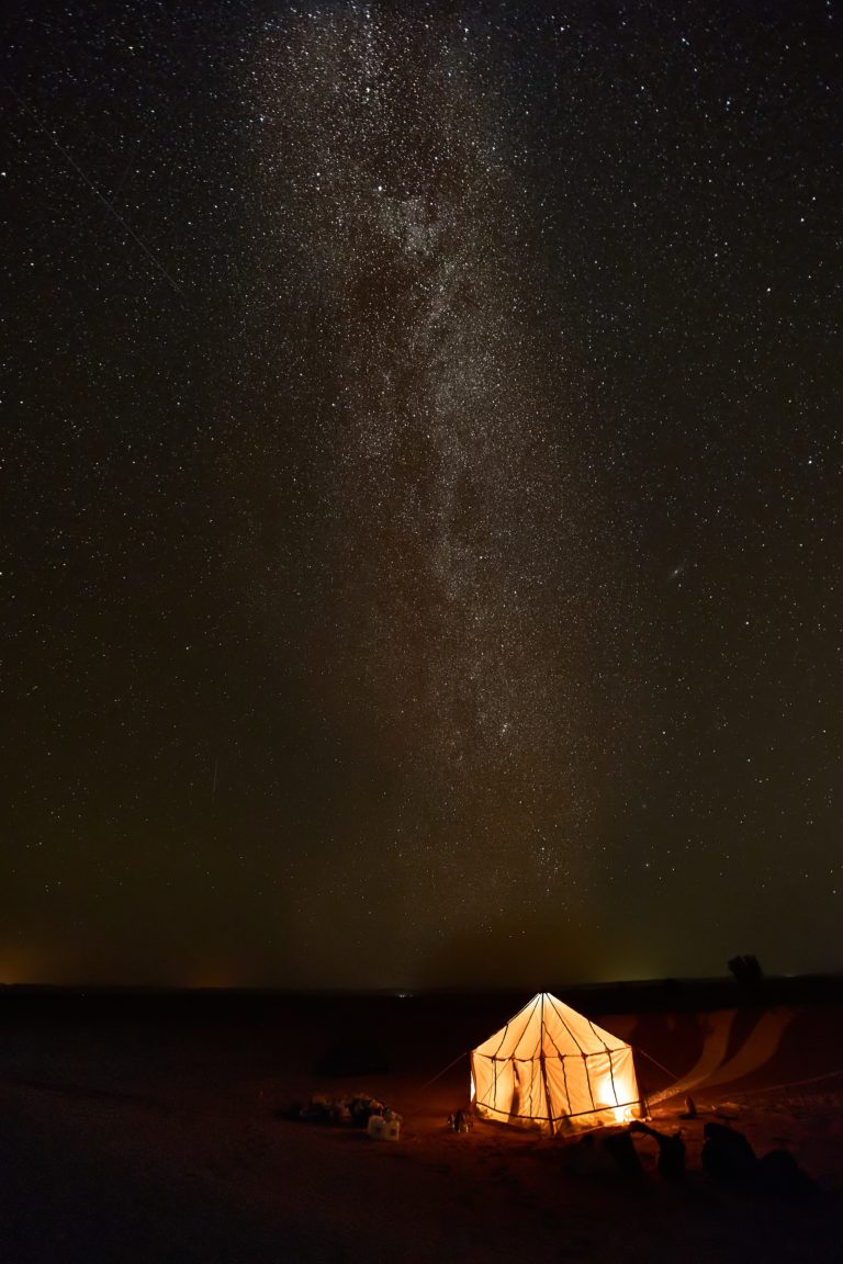 Illuminated tent at night